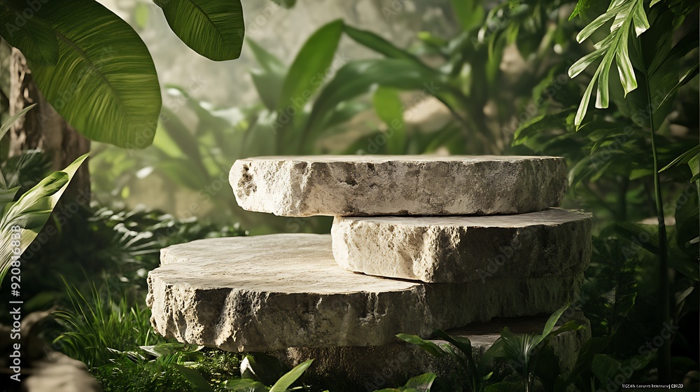 Aufkleber 3d rendering of tiered stone platforms with green foliage background