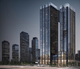 A city skyline with a tall building in the middle