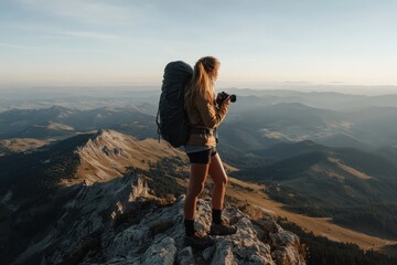 Obraz premium A woman equipped with a large backpack captures a stunning view from a mountain peak, showcasing the expansive and scenic landscape below.