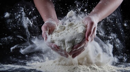 flying pizza dough with flour scattering in a freeze motion of a cloud of flour midair on black. Cook hands kneading dough. copy space with generative ai