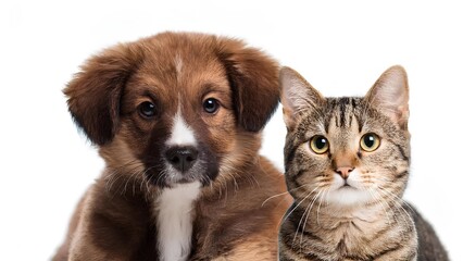 Domestic animals sitting and looking forward. Dog and cat looking at camera on white background. Pedigree animals, kitten with puppy.
