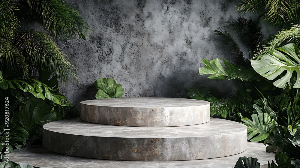 Aufkleber 3d rendering of tiered stone platforms with green foliage background