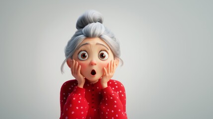 Elderly woman with silver hair in a bun, wearing a red blouse. She has a shocked expression, with wide eyes and an open mouth, hands on her cheeks, capturing the emotion of intense surprise