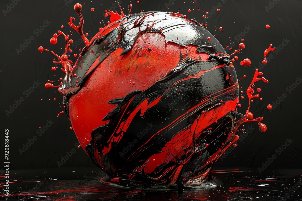 Aufkleber a striking 3d sphere, surrounded by dynamic splashes of vibrant red and deep black paint, creates a 