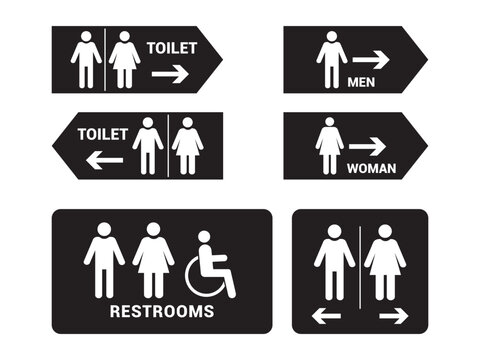 Wc toilet pictogram sign. Woman, man pictogram figure toilet, restroom, washroom wc sign. toilet restroom door sticker right arrow Disabled wheelchair icon. Vector illustration.