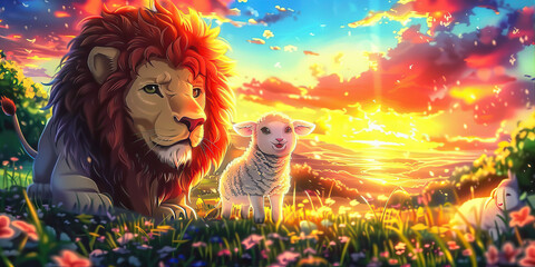 Jesus Christ: Lamb of Sacrifice, Lion of Triumph. The duality of Jesus. Lion and lamb in the meadow at sunset. Animal portrait.