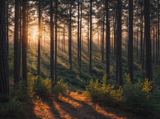 Obraz premium The sun is shining through the trees, casting a warm glow on the forest floor