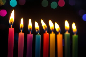 A row of tall, thin candles, each one a different color of the rainbow, burning in a dark room.