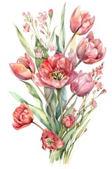 Obraz premium Hand-drawn Watercolor Tulips Bouquet Celebration Card with Spring Blossoms