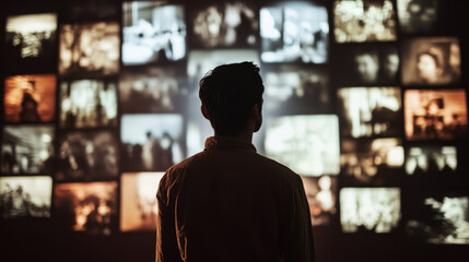 audio and video equipment. World Audiovisual Heritage Day. a man stands in front of a lot of monitors