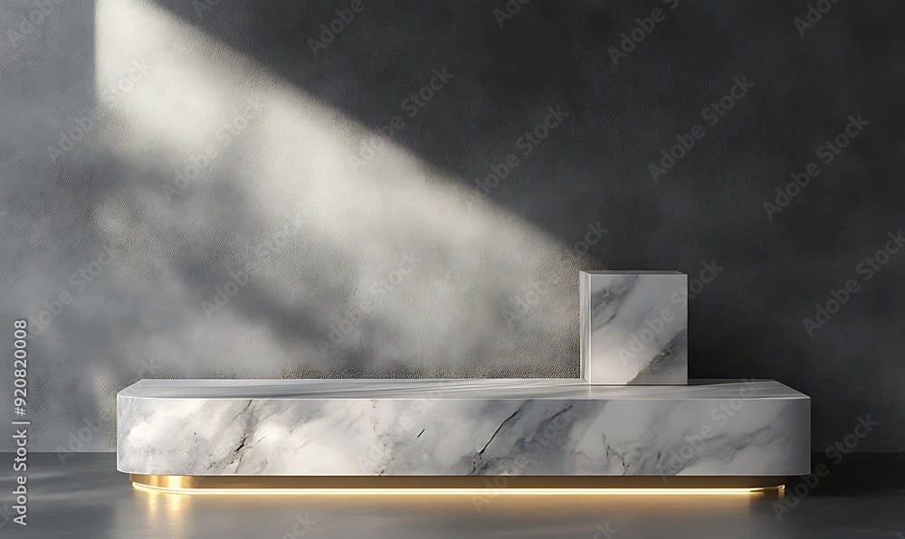 Poster 3d rendering of a marble plinth with gold accents on a textured grey background