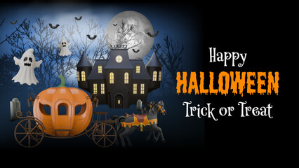 halloween banner with pumpkin shaped carriage and haunted  house