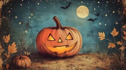 Enchanting Carved Pumpkin Under Magical Moonlit Autumn Night Sky with Bats and Stars