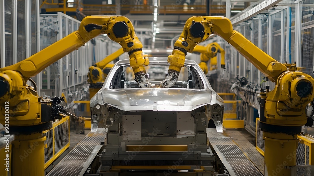 Poster robotic arms assembling car parts in automated factory production line