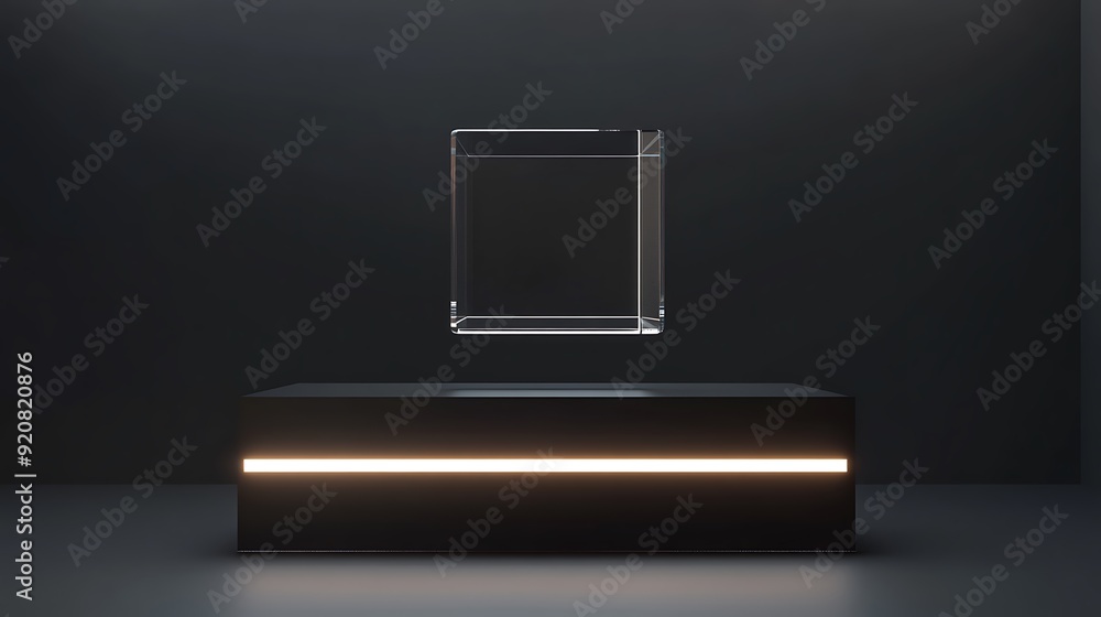 Poster 3d rendering of a glass cube suspended above a sleek black base with soft lighting
