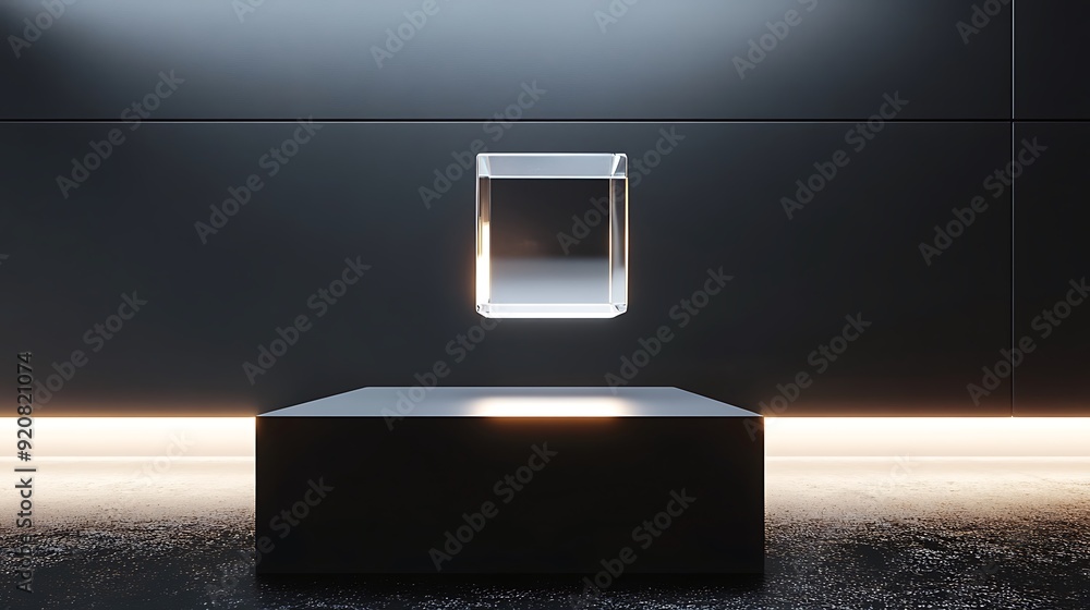 Aufkleber 3d rendering of a glass cube suspended above a sleek black base with soft lighting