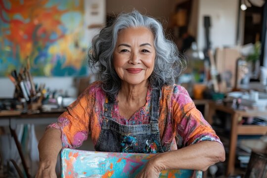 An older woman is seen smiling in a colorful art studio, dressed in vibrant clothing, reflecting a life filled with creativity, joy, and vibrant artistic expression.