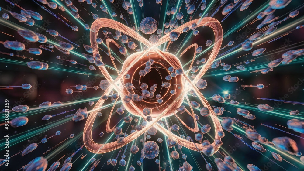 Poster dynamic 3d representation of multiple atomic particles in motion and rotation illustrating concepts 