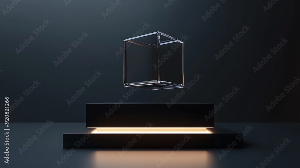 Aufkleber 3d rendering of a glass cube suspended above a sleek black base with soft lighting