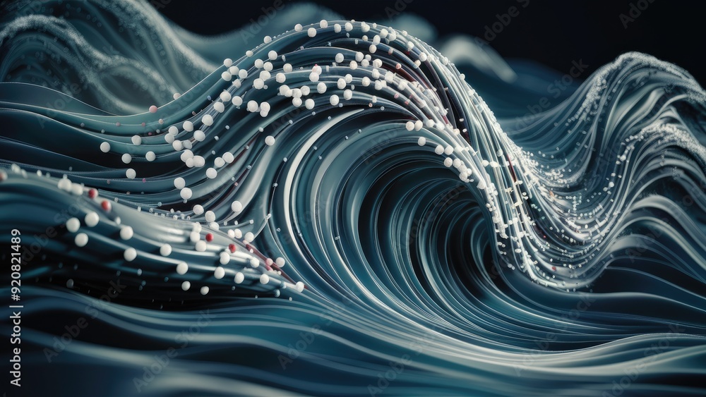 Poster abstract wave pattern with white and gray dots representing light technology texture and big data di