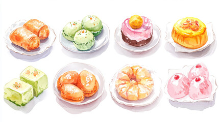 A collection of watercolor illustrations featuring traditional Indian sweets, perfect for celebrating Diwali and adding a festive touch to your designs.
