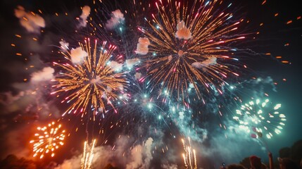 Fototapeta premium La Tomatina Festival (Spain). Fireworks Displays: Spectacular fireworks displays illuminate the night sky, painting it with vibrant colors and adding to the excitement and joy of the occasion.