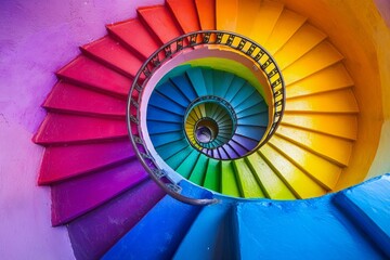Fototapeta premium A spiral staircase with each step painted in a different color of the rainbow, viewed from above.