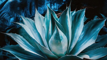 Fototapeta premium Lush agave leaf textures soft details of a succulent plant Rich tropical foliage with a bluetoned nature backdrop Exuberant yet refined showcasing organic and delicate bold elements