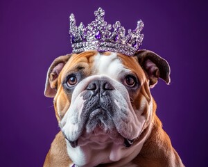 Dog Spoiled. Regal English Bulldog in Purple Background for Halloween