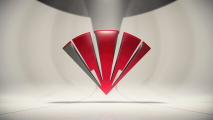 3Drendered illustration of a triangular fanshaped logo in red and gray set against a clean white background