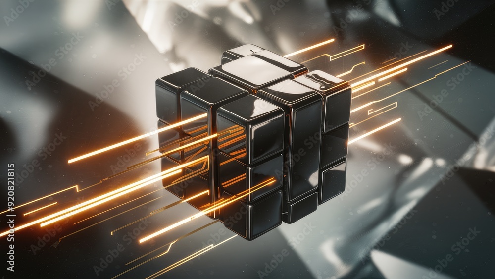 Poster futuristic 3d rendering of a floating cube in abstract space scifi design with an ethereal backgroun