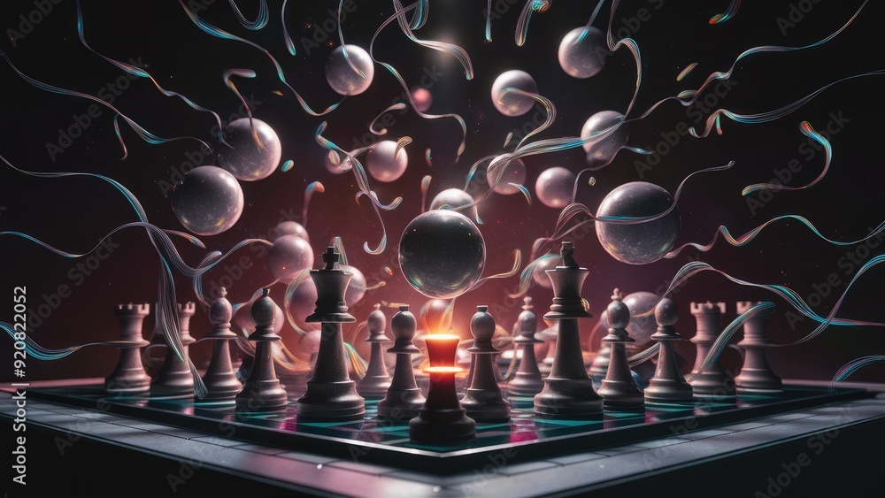 Poster floating monochromatic orbs above a chessboard generate a dynamic interplay of light and shadow in t