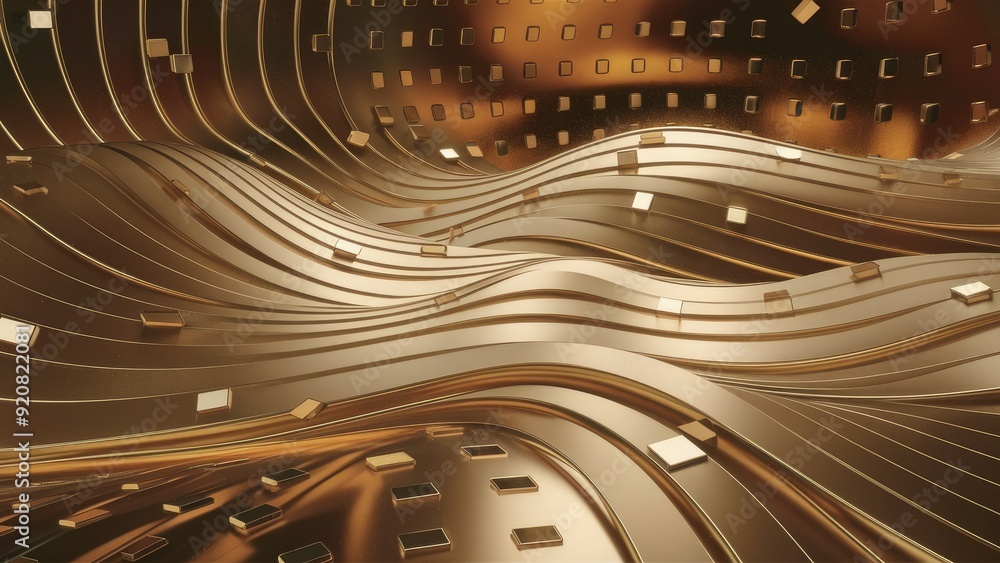 Aufkleber abstract background with golden smooth wavy lines and square dots