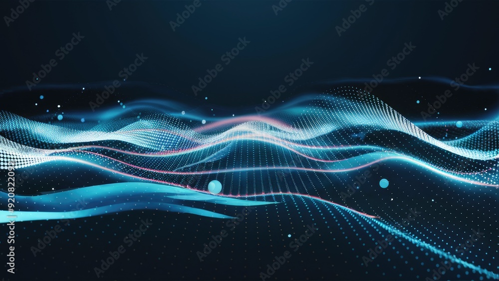 Poster futuristic data technology background featuring halftone waves and flowing dots on a dark blue backd