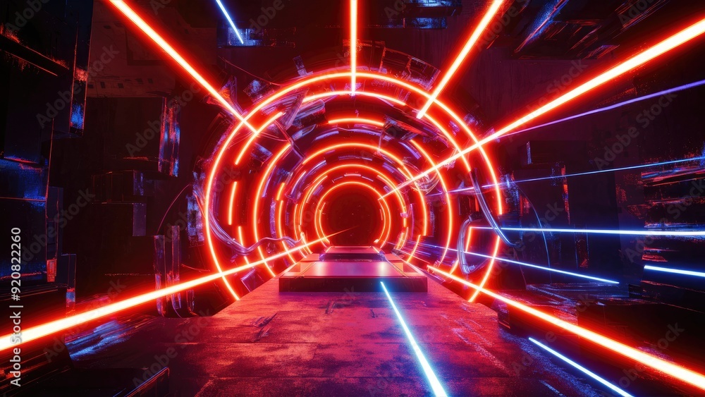 Poster futuristic cyberpunk background 3d render of dark abstract scene with red and orange neon lights glo