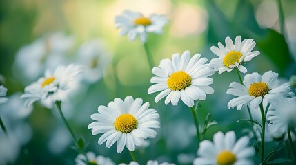 Fototapeta premium Vibrant White Daisy Flowers Blooming in Serene Meadow,Peaceful Nature Background