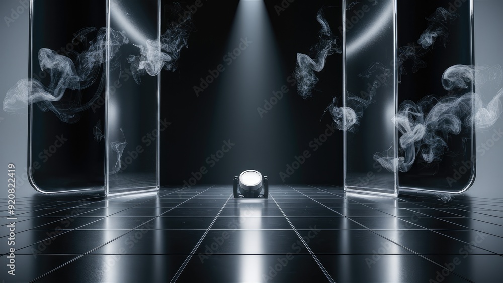 Poster empty dark stage with a transparent background illuminated by white spotlight with floating smoke id