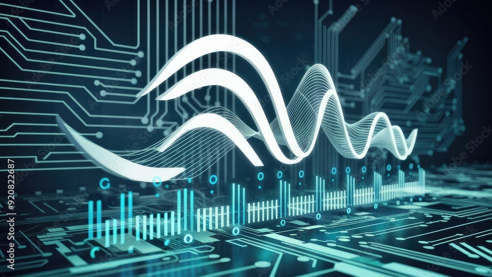 Poster abstract wave design element featuring a digital frequency track equalizer and stylized line art bac