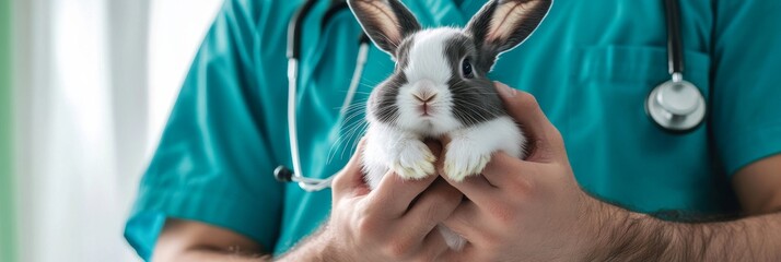 A caring veterinarian holds a rabbit, showcasing compassion in animal care. This image highlights the bond between bunnies and caregivers, reflecting the importance of empathy in veterinary practice