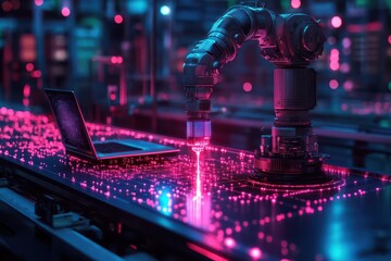 futuristic robotic process automation scene engineer working on laptop holographic interfaces advanced factory setting