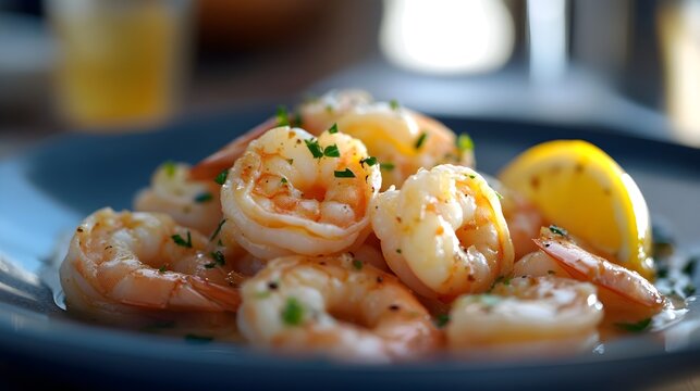 Flavorful Shrimp Dish Garnished with Lemon on a Gourmet Plate