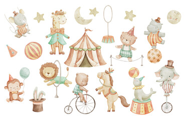 Cute circus baby animals, watercolor illustrations set for nursery and children. Lion, zebra and bear on bike on isolated background