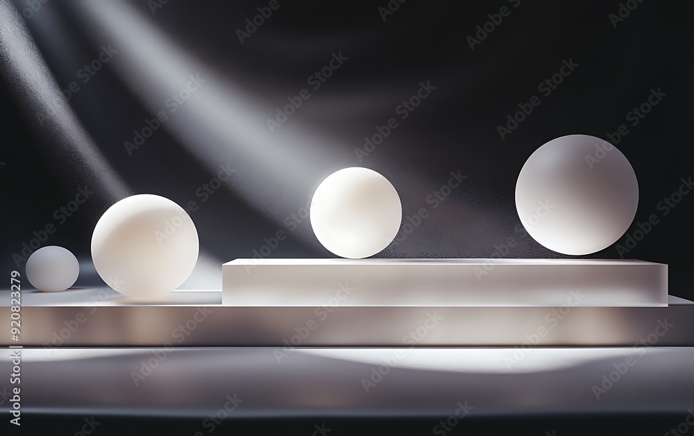 Poster 3d illustration of floating light orbs above a polished white surface in a dark background