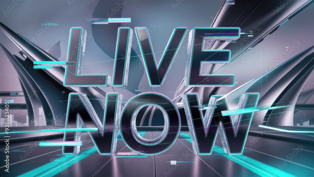 Poster 3d rendering of live now text featuring dynamic screen effects and visual glitches