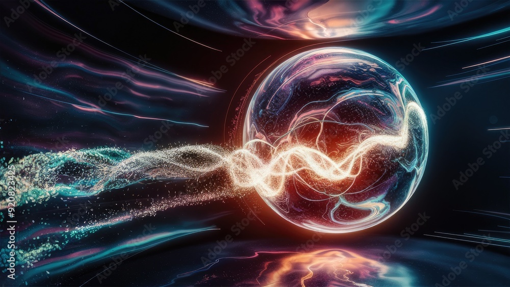 Poster glowing abstract energy sphere with dynamic particles and waves motion graphics
