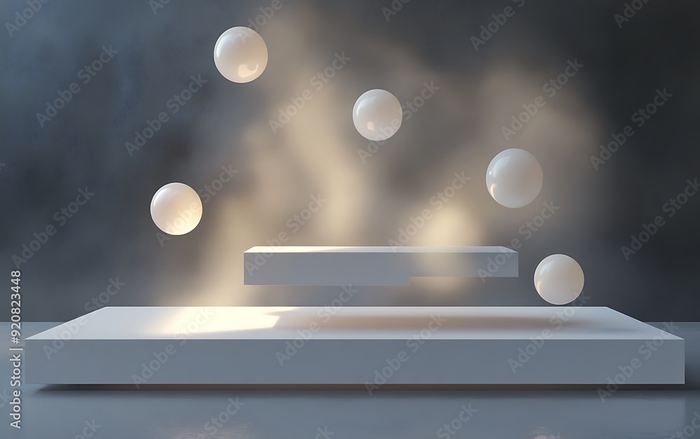 Poster 3d illustration of floating light orbs above a polished white surface in a dark background