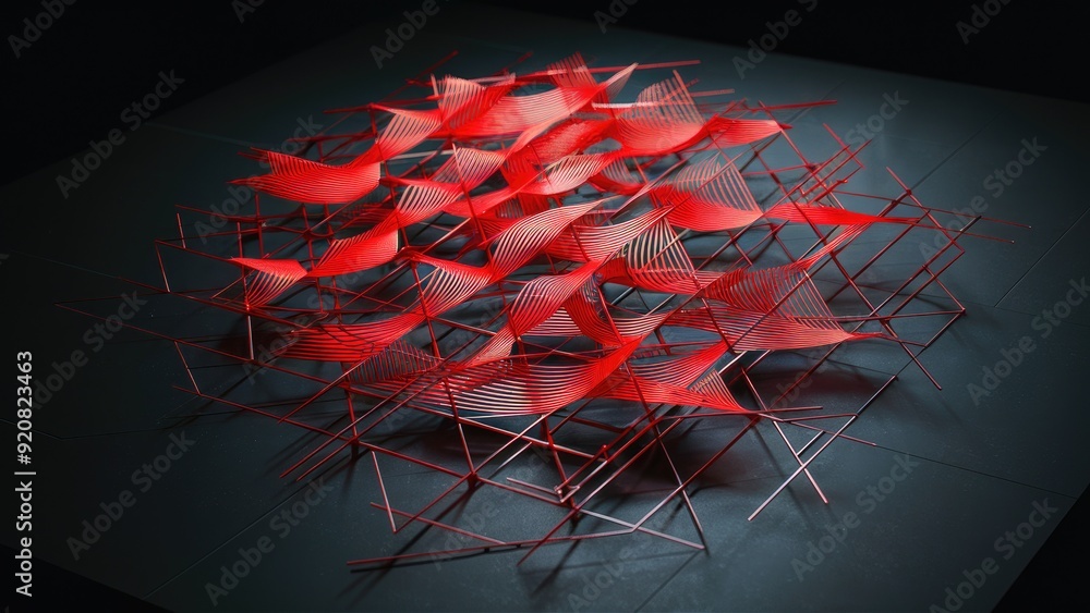 Poster Geometric red grid pattern on dark backdrop Gradient fishnet design in red Thin line structure background in red