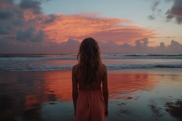 Fototapeta premium An individual stands on the beach, gazing at the vibrant sunset over the ocean, taking in the rich colors of the sky and the calmness of the waves, reflecting on the day.