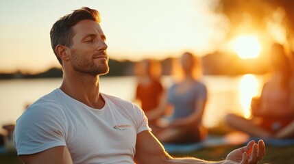 A man in a white shirt is meditating at sunset with his eyes closed by water, in a yoga group session, embracing calmness, peace, and mindfulness in a serene environment.