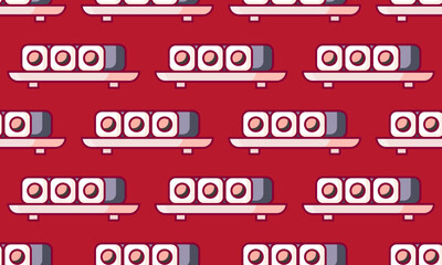 A repeating pattern of sushi rolls on a red background